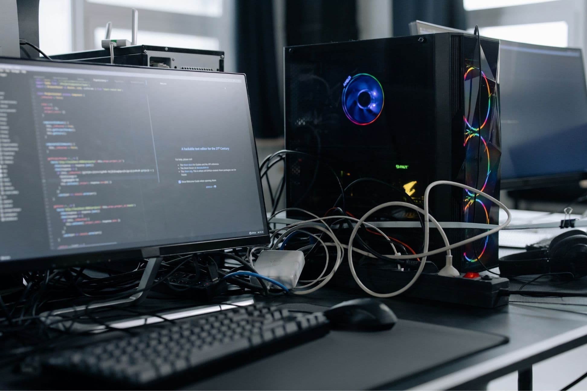 Developer workstation with code on screen and a workstation PC